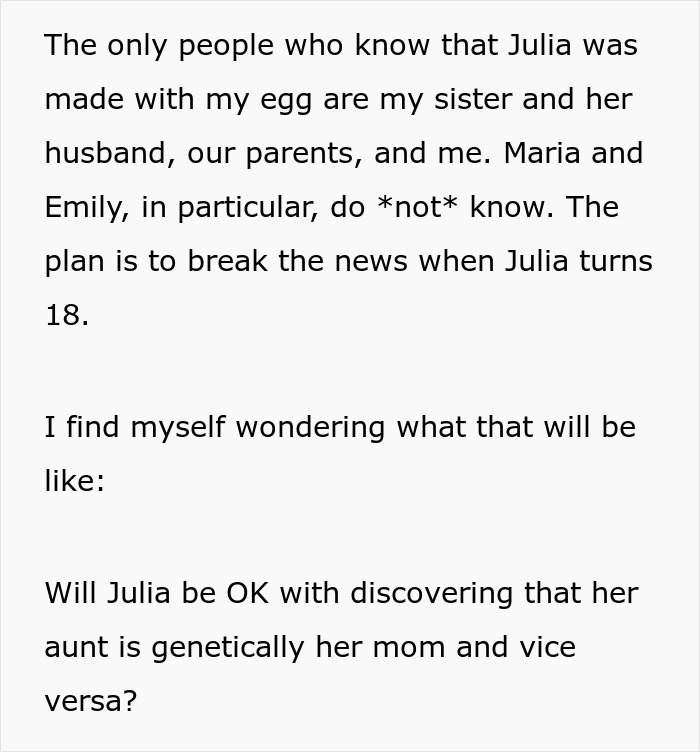 A woman helps her sister have a baby, detailing the secret to be revealed when the child turns 18. A woman helps her sister have a baby, detailing the secret to be revealed when the child turns 18.