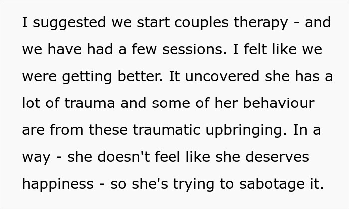 A screenshot showing text discussing a guy mourning his marriage, focusing on his wife's trauma and self-sabotage.