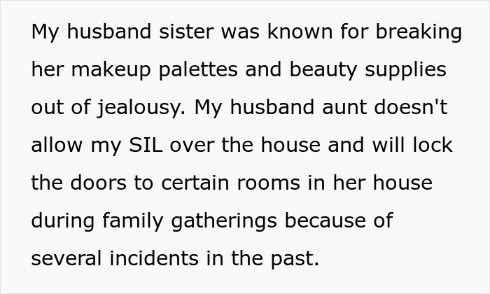 A text box describing the SIL's past behavior of breaking makeup palettes and beauty supplies out of jealousy. A text box describing the SIL's past behavior of breaking makeup palettes and beauty supplies out of jealousy.
