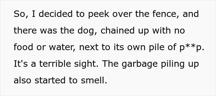 Screenshot of text: So, I decided to peek over the fence, and there was the dog, chained up with no food or water, next to its own pile of p**p. The squatter's filthy nightmare, a neighbor's pool used as a bath. Screenshot of text: So, I decided to peek over the fence, and there was the dog, chained up with no food or water, next to its own pile of p**p. The squatter's filthy nightmare, a neighbor's pool used as a bath.