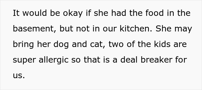 Text outlining a couple's reasons against housing a niece, including pet allergies and food restrictions. Text outlining a couple's reasons against housing a niece, including pet allergies and food restrictions.