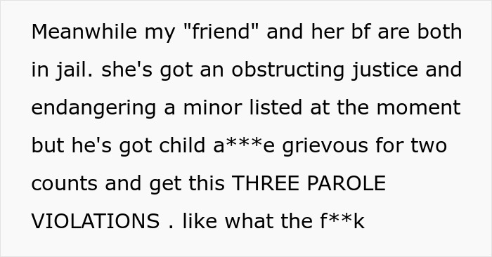 Text snippet detailing legal troubles for a friend and her boyfriend, including charges related to a daughter's suffering. Text snippet detailing legal troubles for a friend and her boyfriend, including charges related to a daughter's suffering.