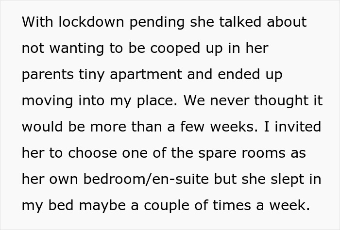 Text explaining how a woman moved into a guy's house due to lockdown, testing boundaries.