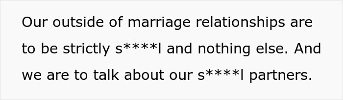 Open marriage rules for outside relationships, as per the wife's initial agreement for family's sake. Open marriage rules for outside relationships, as per the wife's initial agreement for family's sake.