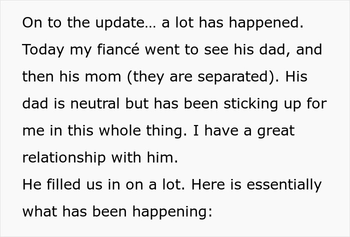 A screenshot of text providing an update on a wedding dispute, discussing family interactions and a supportive dad. A screenshot of text providing an update on a wedding dispute, discussing family interactions and a supportive dad.