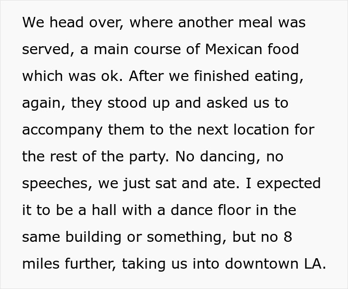 Screenshot of text describing guests driving to another LA wedding venue, expecting a party, but just sitting and eating.