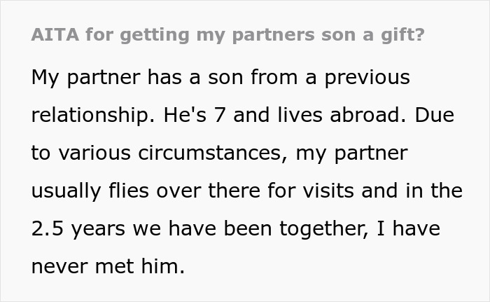Screenshot of text discussing a person giving a gift to their partner's son, focusing on buying stepson's love with gifts.