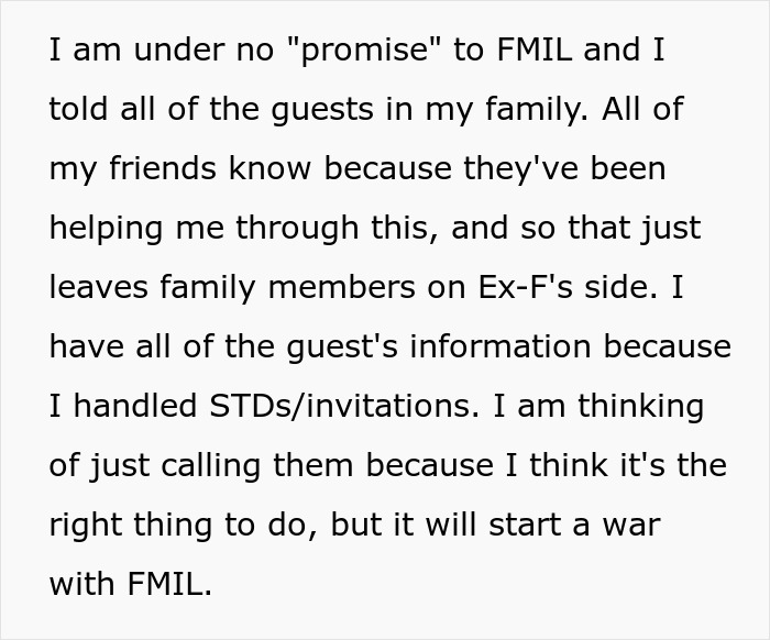 A bride decides to inform wedding guests, anticipating conflict with her future MIL and ex-fiancée's family. A bride decides to inform wedding guests, anticipating conflict with her future MIL and ex-fiancée's family.