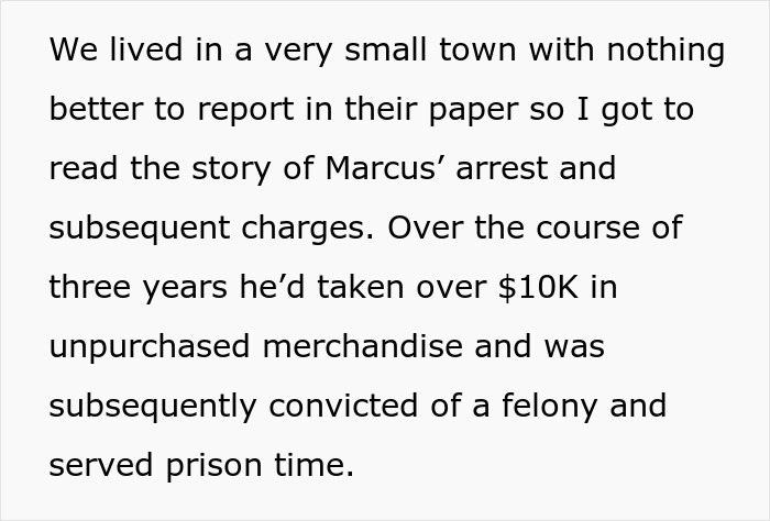 Text detailing Marcus's arrest for theft, having stolen over $10K in merchandise and his conviction. Text detailing Marcus's arrest for theft, having stolen over $10K in merchandise and his conviction.