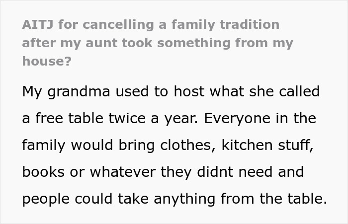 Screenshot of text discussing a family free table tradition and an aunt's actions.