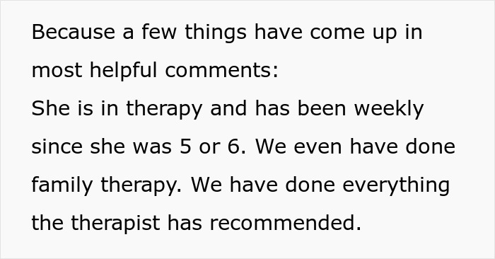 Text box describing therapy efforts for the husband's kid's drama. Text box describing therapy efforts for the husband's kid's drama.