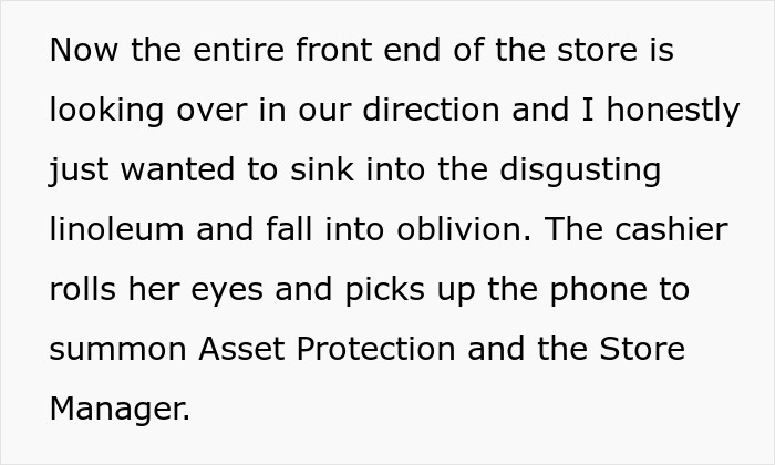 A shopper accused of having a weapon to threaten Karen, with a description of the store looking over.