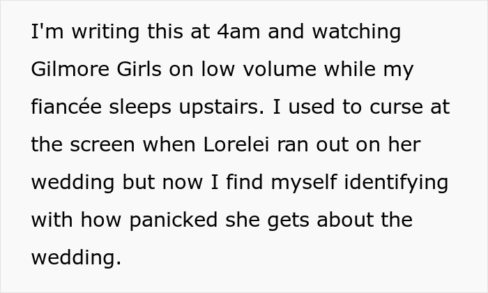 Text snippet discussing a bride's wedding worries and identifying with Lorelei running out on her wedding. Text snippet discussing a bride's wedding worries and identifying with Lorelei running out on her wedding.