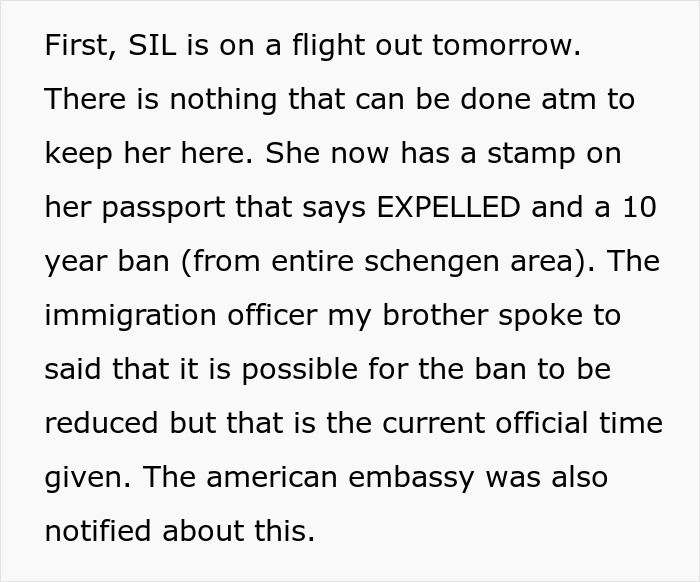 Text detailing a deportation and flight out tomorrow following a wife's jealousy and police call.