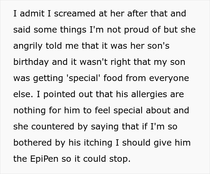 Text describing an argument where a sister suggests giving an EpiPen after triggering a son's allergy. Text describing an argument where a sister suggests giving an EpiPen after triggering a son's allergy.