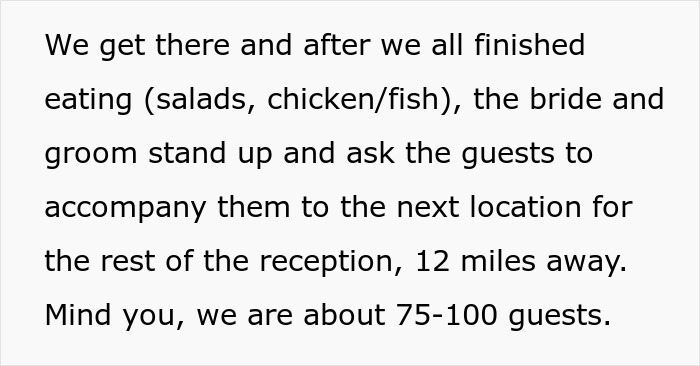Screenshot of text explaining how a wedding with 75-100 guests was asked to move to a new location.