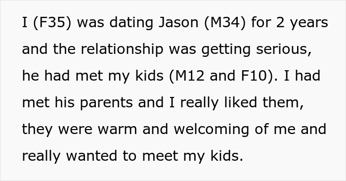 Screenshot of text describing a relationship getting serious and meeting his parents, highlighting children. Screenshot of text describing a relationship getting serious and meeting his parents, highlighting children.