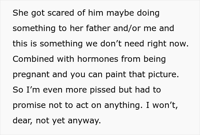 Text revealing the new parents' concern and increased anger due to the rude neighbor's actions while pregnant. Text revealing the new parents' concern and increased anger due to the rude neighbor's actions while pregnant.