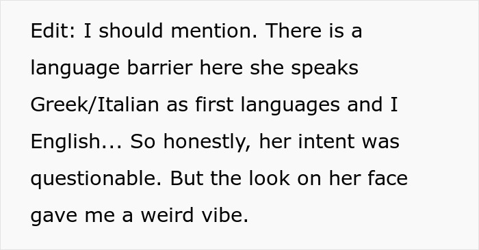 Screenshot of text discussing a language barrier at a party and the host's questionable intent.