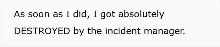 A screenshot with text describing being destroyed by an incident manager, connected to the workplace bully narrative. A screenshot with text describing being destroyed by an incident manager, connected to the workplace bully narrative.