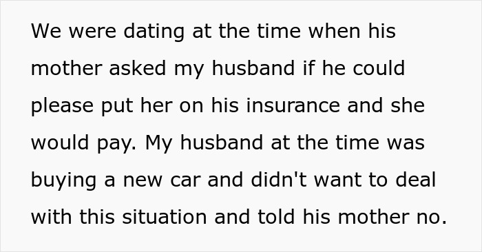 Screenshot of text describing a husband refusing to insure his sister, leading to family drama involving the wedding. Screenshot of text describing a husband refusing to insure his sister, leading to family drama involving the wedding.