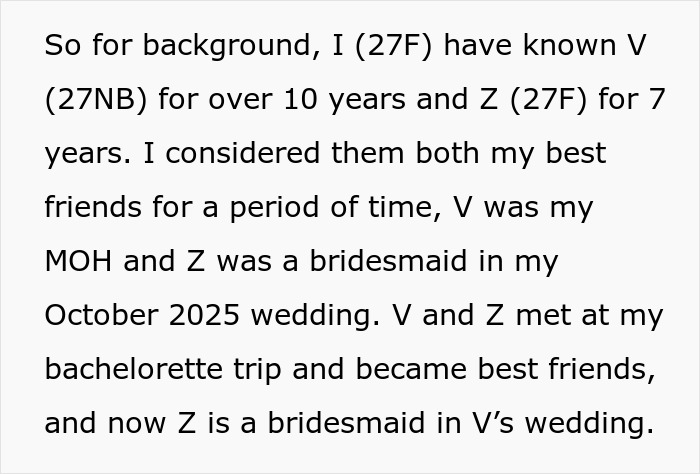 A screenshot of a text explaining a bachelorette date dispute among best friends. A screenshot of a text explaining a bachelorette date dispute among best friends.