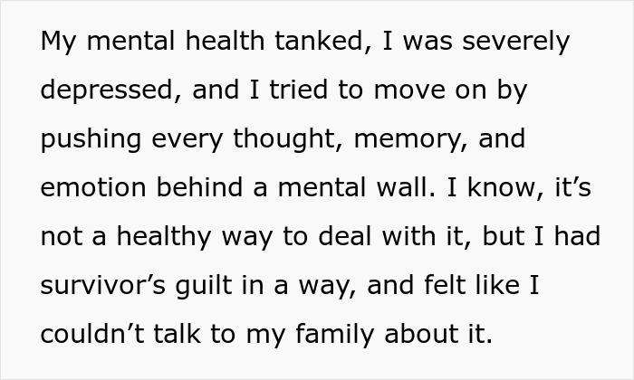 Text snippet: woman's mental health tanked due to family protecting her toxic BIL at her wedding. Text snippet: woman's mental health tanked due to family protecting her toxic BIL at her wedding.