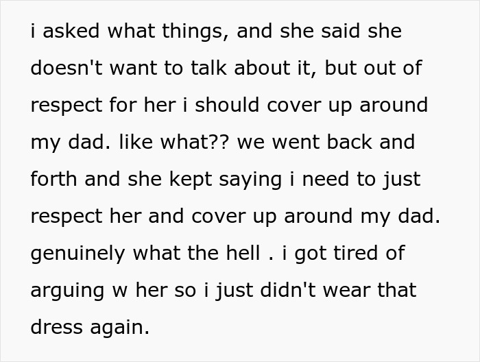Text about a paranoid mom ruining her daughter's father-daughter bond by asking her to cover up. Text about a paranoid mom ruining her daughter's father-daughter bond by asking her to cover up.