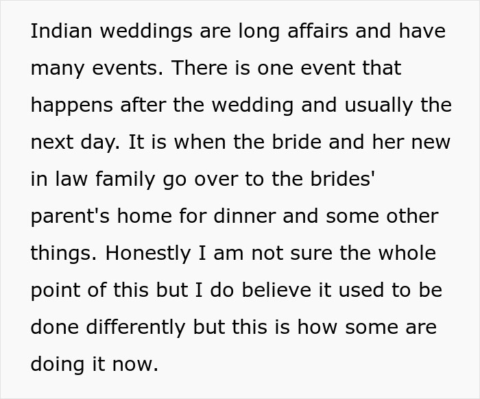 Screenshot of text explaining Indian wedding traditions, including events after the wedding, relevant to the bride and MIL story. Screenshot of text explaining Indian wedding traditions, including events after the wedding, relevant to the bride and MIL story.