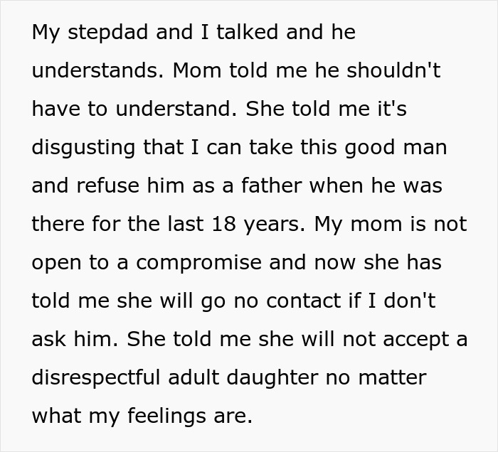 A screenshot from a social media post where a bride discusses her mom's reaction to her decision to not have her dad or stepdad walk her down the aisle, which her mom found disrespectful.