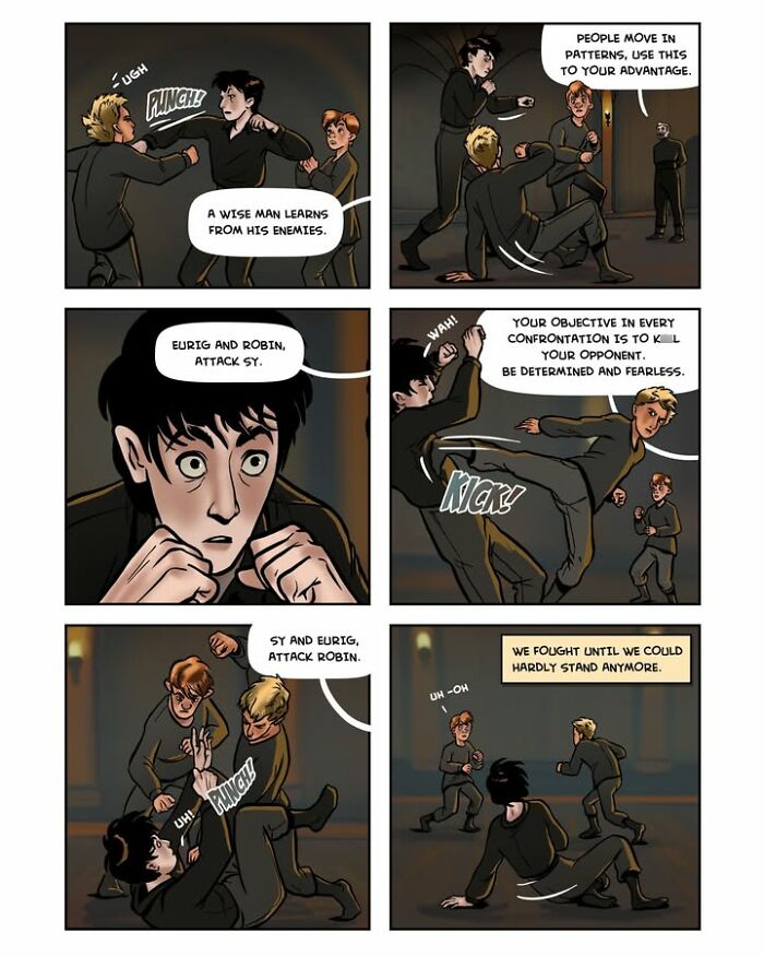 A panel from the fantasy webcomic Serpent by Yael Nathan illustrating young characters fighting as part of their training.