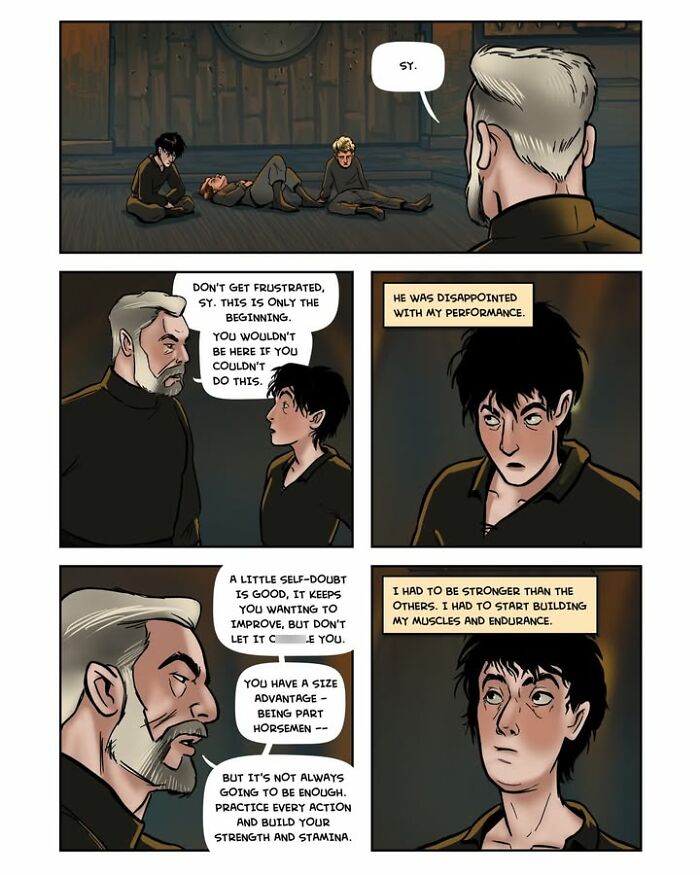 A comic panel from the female-led fantasy webcomic Serpent by Yael Nathan, showing a male mentor advising a young trainee.