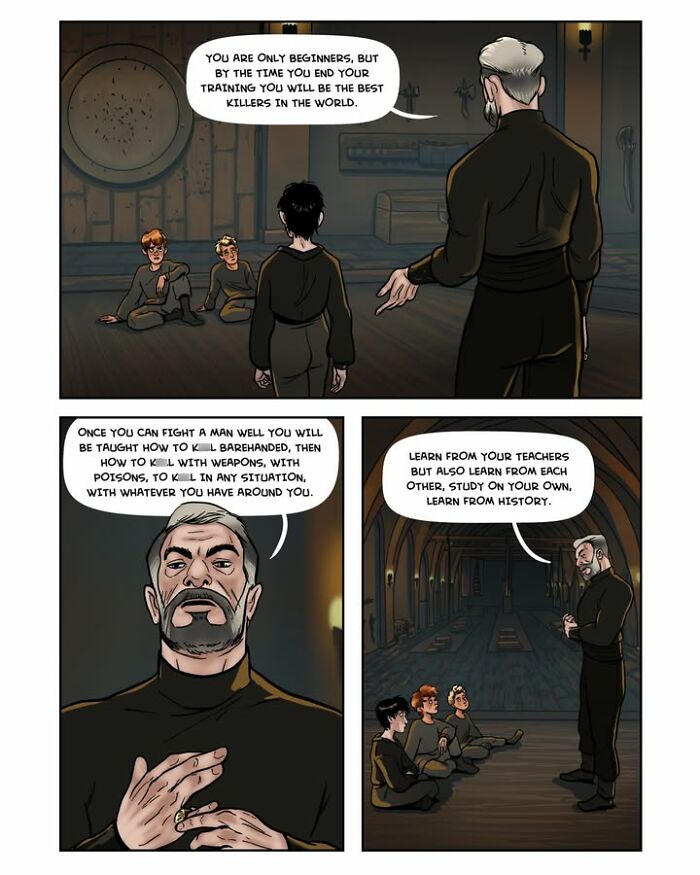 A page from the fantasy webcomic Serpent by Yael Nathan, featuring a male instructor teaching young trainees in a hall.
