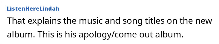 Screenshot of a comment about a rock star emerging unrecognizable after coming out as gay despite 14-year marriage.