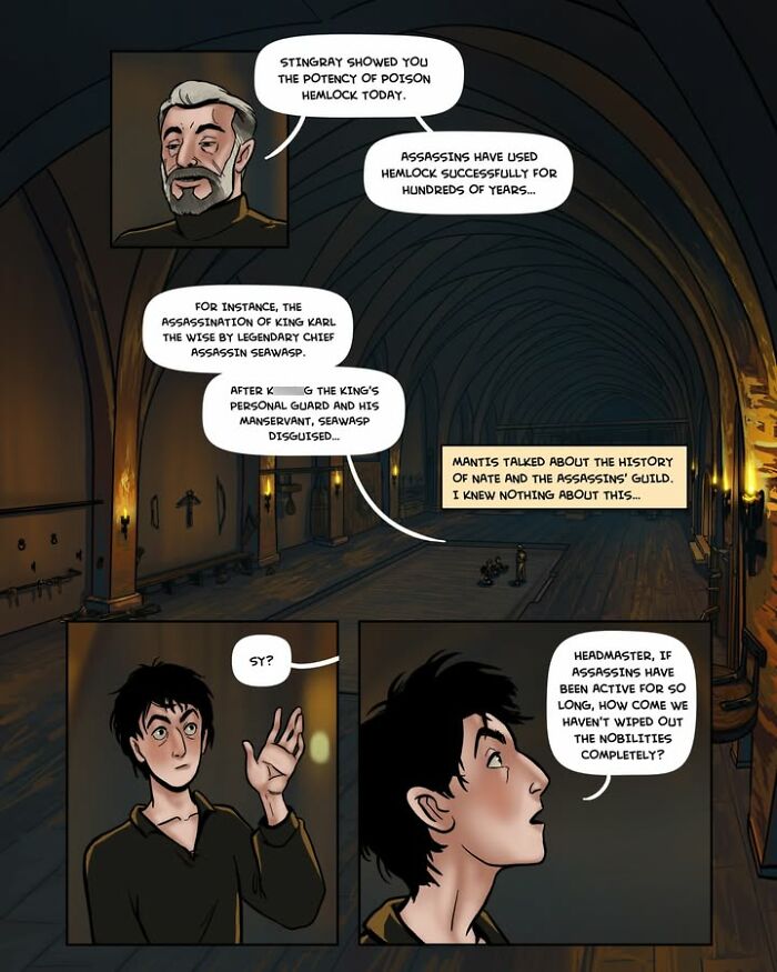 An illustrated scene from the fantasy webcomic Serpent by Yael Nathan, depicting a discussion about poison hemlock and assassins.