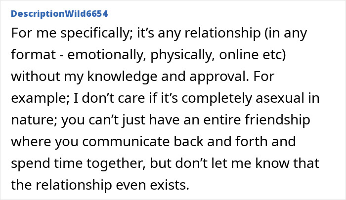A user comment defining cheating as any relationship without a partner's knowledge and approval.