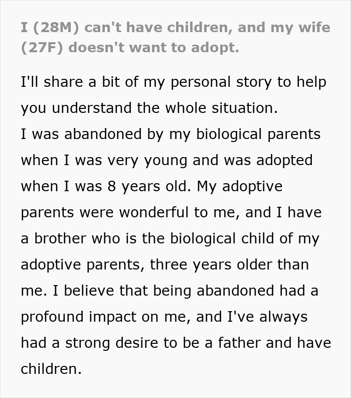 Screenshot of text about a man and wife trying to conceive, revealing he can't have children and his wife wont adopt.