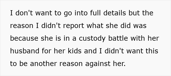 Text explaining hesitation to report sister triggering son's allergy due to her ongoing custody battle. Text explaining hesitation to report sister triggering son's allergy due to her ongoing custody battle.