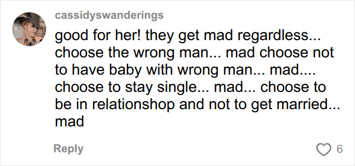 A social media comment from cassidyswanderings about the baby canceled post, discussing societal expectations for women. A social media comment from cassidyswanderings about the baby canceled post, discussing societal expectations for women.