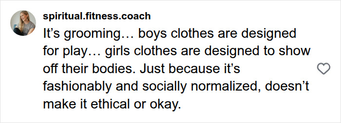 A social media comment from spiritual.fitness.coach discussing girls clothing trends and boys clothes designs. A social media comment from spiritual.fitness.coach discussing girls clothing trends and boys clothes designs.