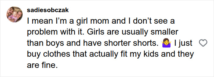 Screenshot of a comment from a girl mom who doesn't see a problem with the back-to-school kids clothing trend. Screenshot of a comment from a girl mom who doesn't see a problem with the back-to-school kids clothing trend.