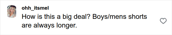 Screenshot of a comment asking if the back-to-school kids clothing trend is a big deal, noting boys/mens shorts are always longer. Screenshot of a comment asking if the back-to-school kids clothing trend is a big deal, noting boys/mens shorts are always longer.