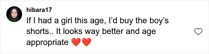 A social media comment by hibara17 suggesting to buy boy's shorts for girls for age-appropriate back-to-school kids clothing. A social media comment by hibara17 suggesting to buy boy's shorts for girls for age-appropriate back-to-school kids clothing.