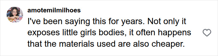 An Instagram comment from @amotemilmilhoes about back-to-school shoppers and concerning trends in kids clothing. An Instagram comment from @amotemilmilhoes about back-to-school shoppers and concerning trends in kids clothing.