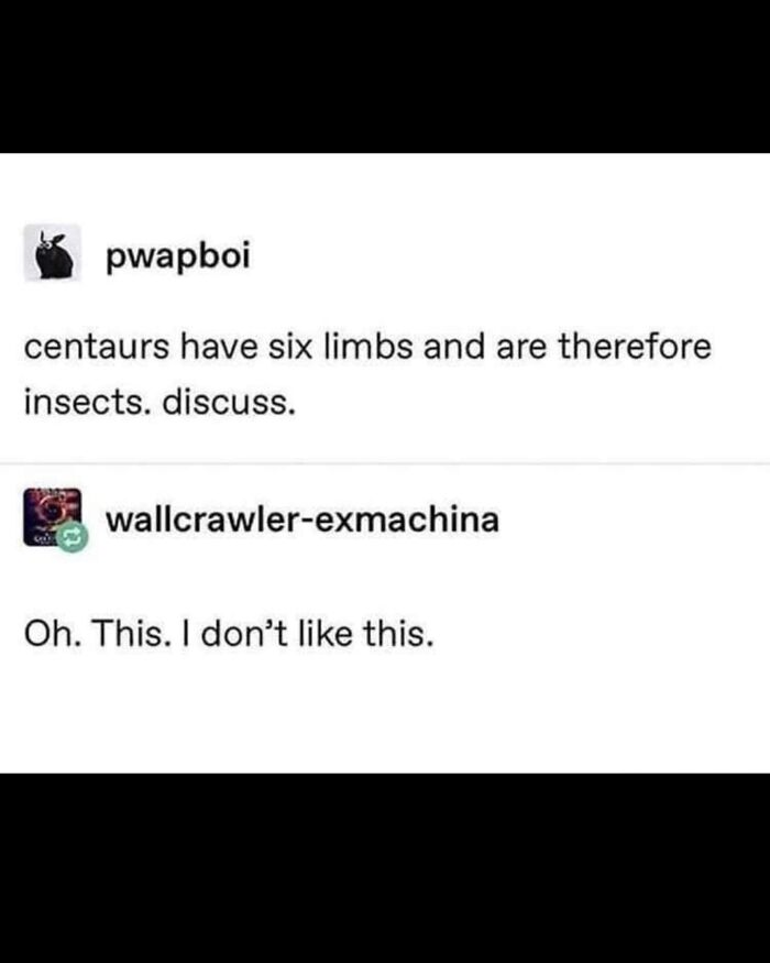 Funny science meme about centaurs having six limbs like insects, shared on social media for a good laugh.