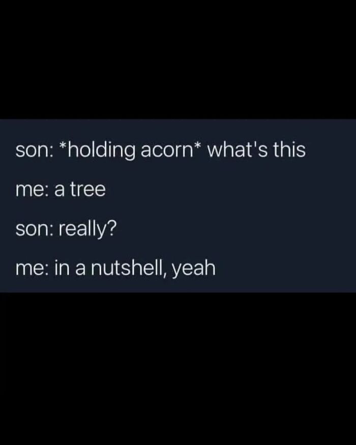 A funny science meme text post about an acorn being a tree in a nutshell.