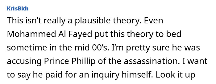 A social media comment from KrisBkh referencing the Princess Diana secret pregnancy and royal conspiracy theory. A social media comment from KrisBkh referencing the Princess Diana secret pregnancy and royal conspiracy theory.