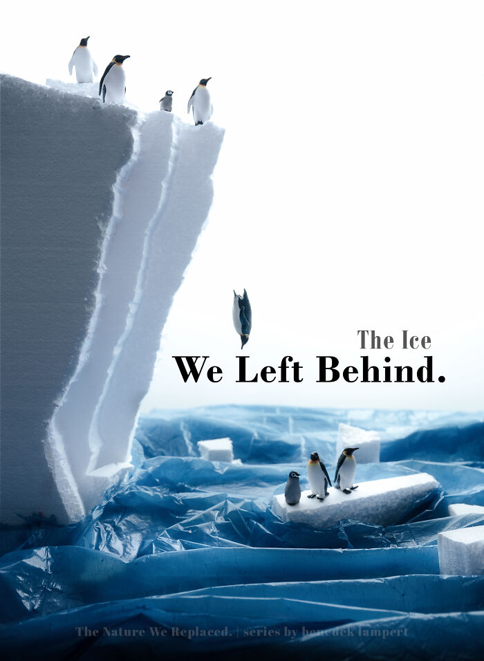 Penguins on miniature habitats of melting ice, highlighting how waste and industry are endangering animals. Penguins on miniature habitats of melting ice, highlighting how waste and industry are endangering animals.