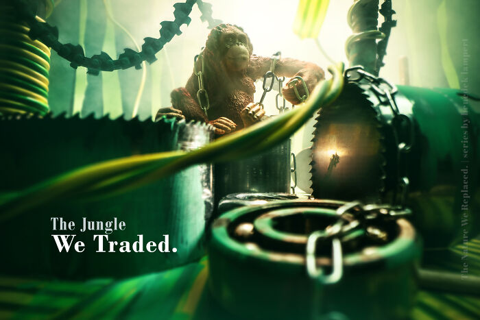 A chained orangutan in miniature habitats of industrial waste, showing how waste and industry are endangering animals. A chained orangutan in miniature habitats of industrial waste, showing how waste and industry are endangering animals.