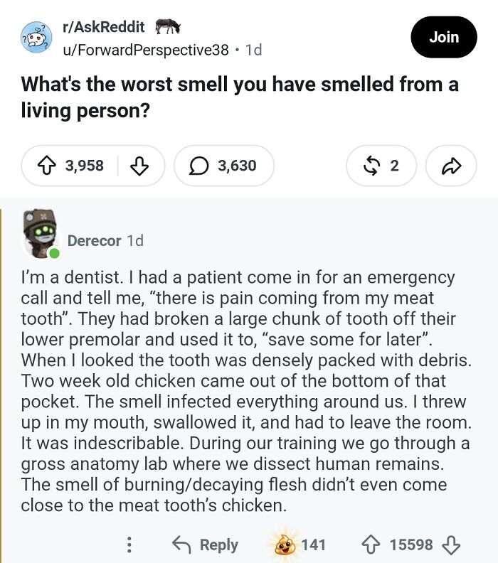A Reddit post about comments in the hall of fame. A dentist shares a story about a patient with a foul-smelling tooth.
